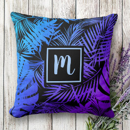 Monogram tropiska blåa lilan utanför löv mönster kudde