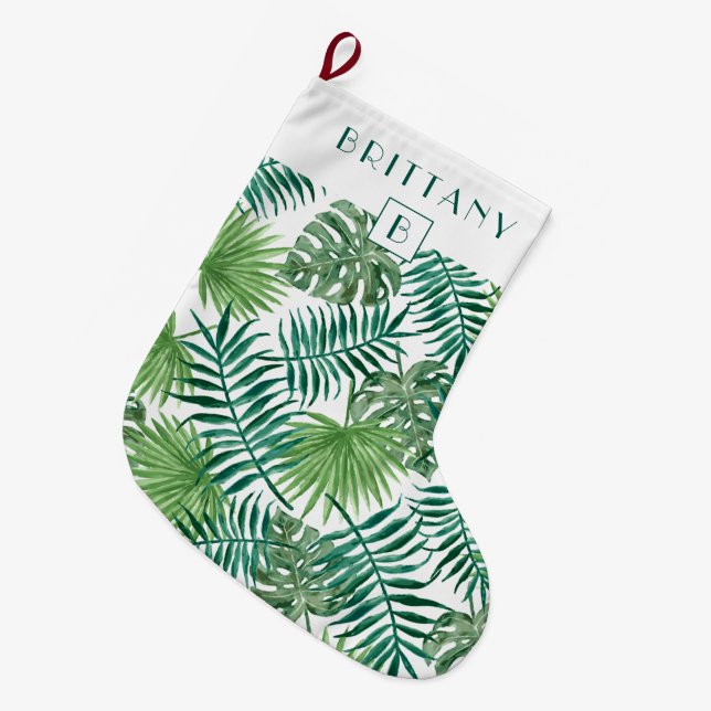 Monogram Tropiska Palmblad Grön Stor Julstrumpa (Framsidan (Hängande))