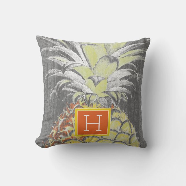 Monogram | Tropiskt Gult Binneäpple på Grått Kudde (Framsida)