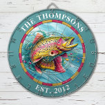 Monogram Trout Fly Fisherman Darttavla<br><div class="desc">Anpassa den här regnbågsfiskaren till din familj namn och fastställa datum. Designad av Blackberry Boulevard.</div>