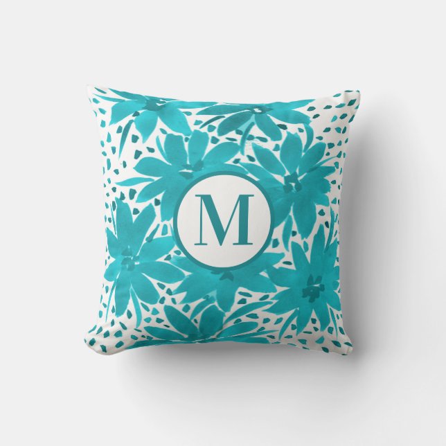 Monogram turkos Daisy Watercolor Bouquet        Kudde (Framsida)