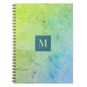 Monogram turkos och limegrön glittergeometri anteckningsbok