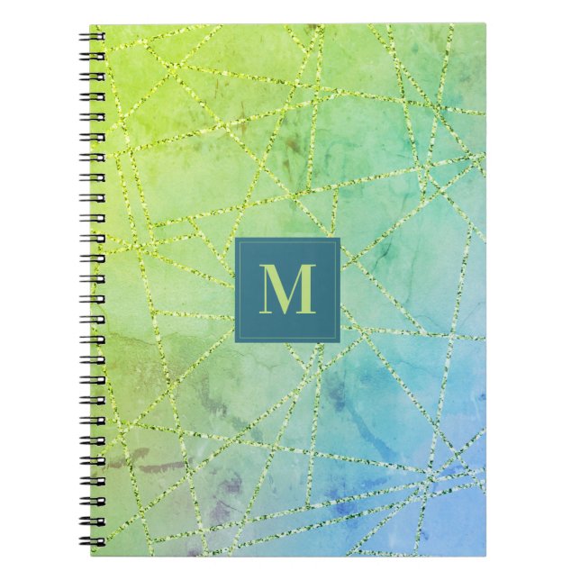 Monogram turkos och limegrön glittergeometri anteckningsbok (Framsidan)