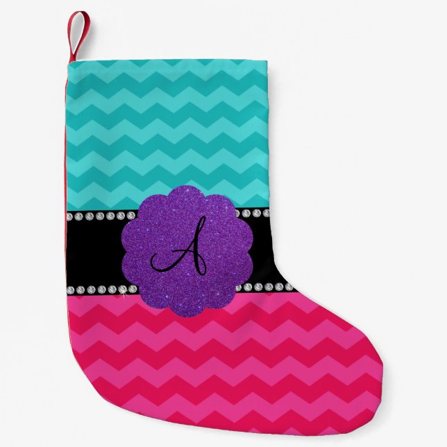 Monogram turkos rosa chevrons diamanter liten julstrumpa (Framsidan)