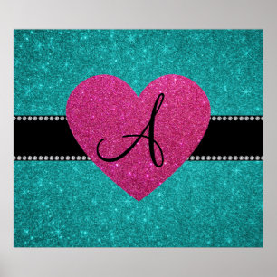 Monogram turkos rosa glitter hjärta poster