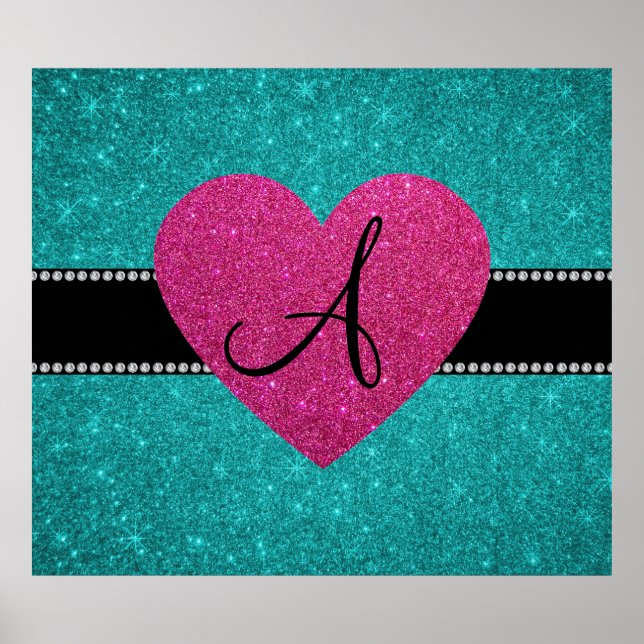 Monogram turkos rosa glitter hjärta poster (Framsidan)
