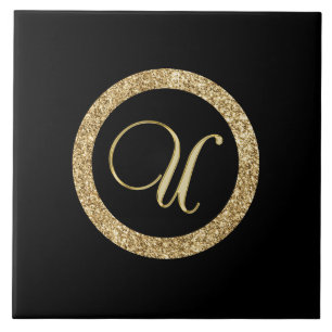 Monogram U, guld på midnattssvart, Kakelplatta