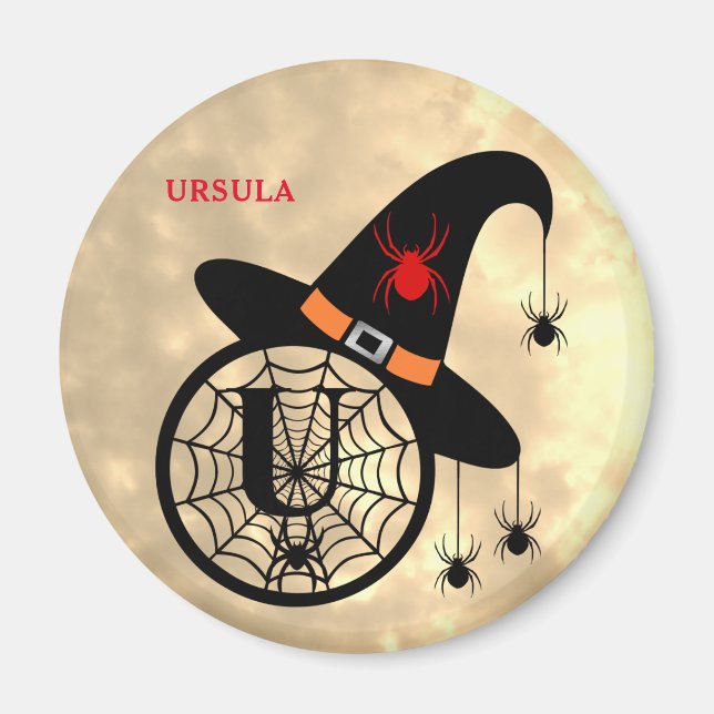 Monogram U Halloween Himlar Witch Spiders Namn Magnet (Framsidan)