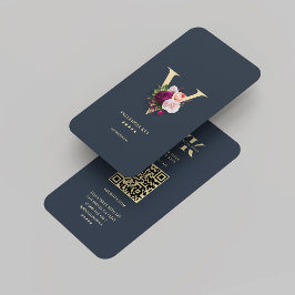 Monogram V Blommigt Professionell Mörk blått Guld Visitkort
