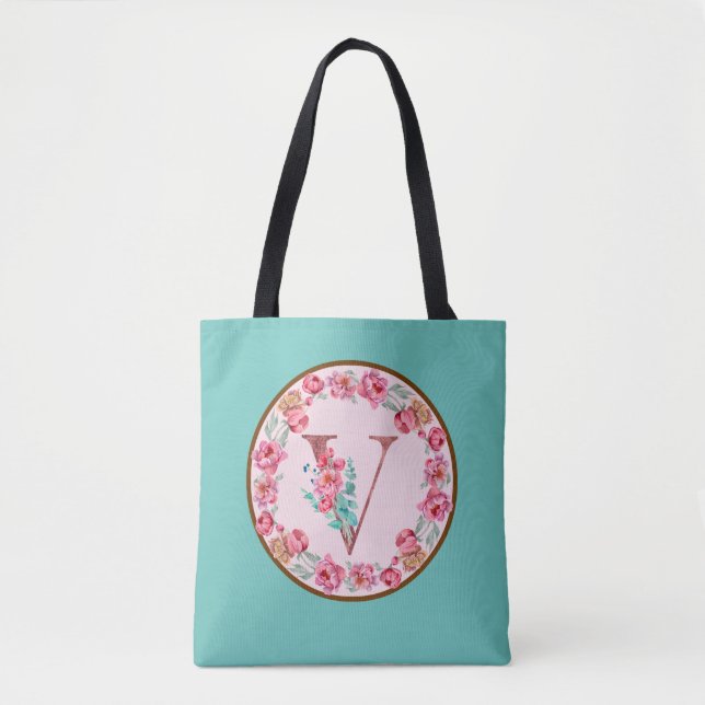 Monogram V Brev med Peony Flower Image Tote Bag Tygkasse (Framsida)