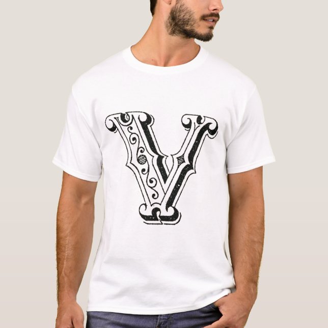 Monogram V, Brev V, Alphabet V, Black and White T Shirt (Framsida)