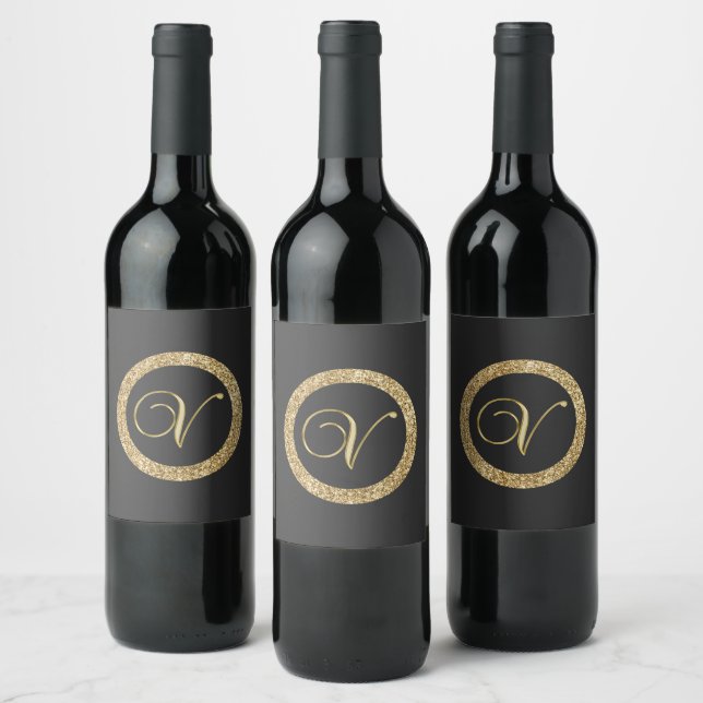 Monogram V, elegant gyllene skrift Vinflaska Etikett (Flaskor)