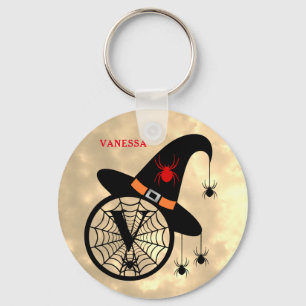 Monogram V Halloween Himlar Witch Spiders Namn Nyckelring