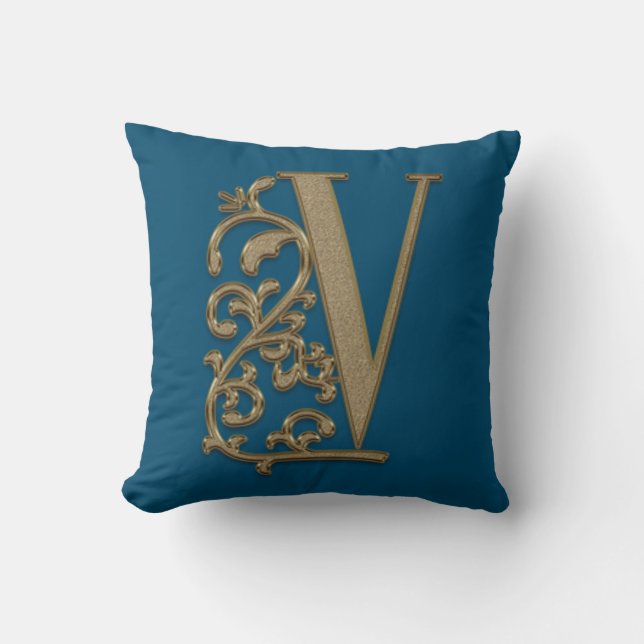 Monogram V Ocean Blå Bröllop Födelsedag Kudde (Framsida)