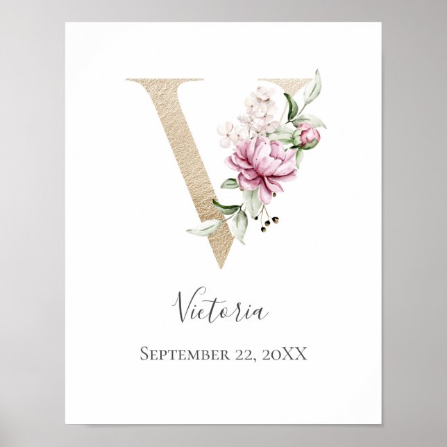 Monogram V Rosa White Blommigt Guld Brev Nursery Poster (Framsidan)
