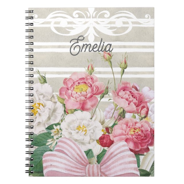 Monogram vacker blommig dammig randig grå rosa anteckningsbok (Framsidan)