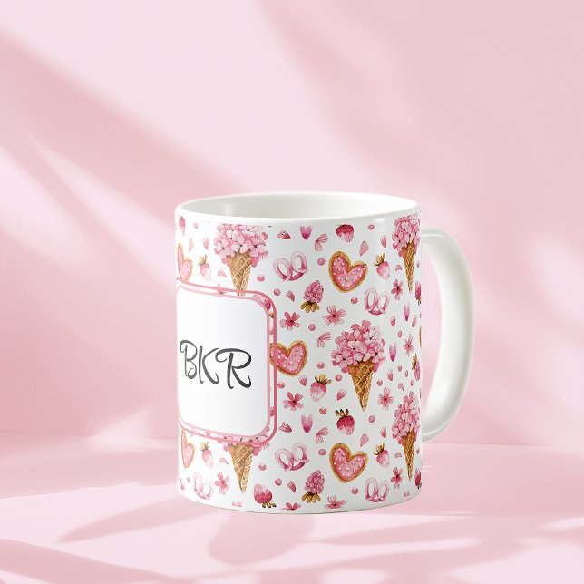 Monogram, Valentine Candy & Hydrangea Mönster 11oz Kaffemugg (Skapare uppladdad)