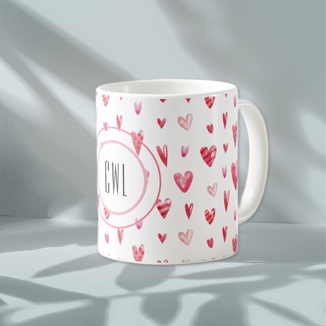 Monogram, Valentine Hearts Mönster 11oz Kaffemugg (Skapare uppladdad)