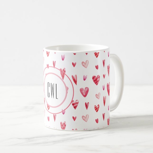 Monogram, Valentine Hearts Mönster 11oz Kaffemugg (Framsida höger)