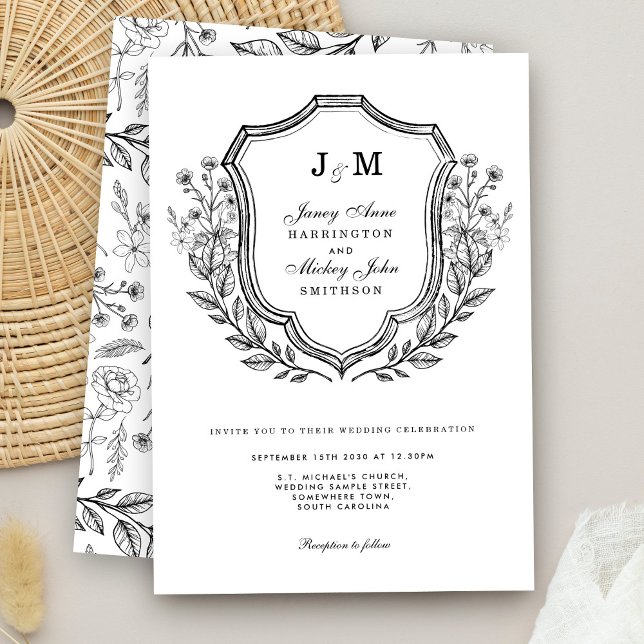 Monogram Vapensköld Black White Wedding-inbjudan Inbjudningar (Skapare uppladdad)