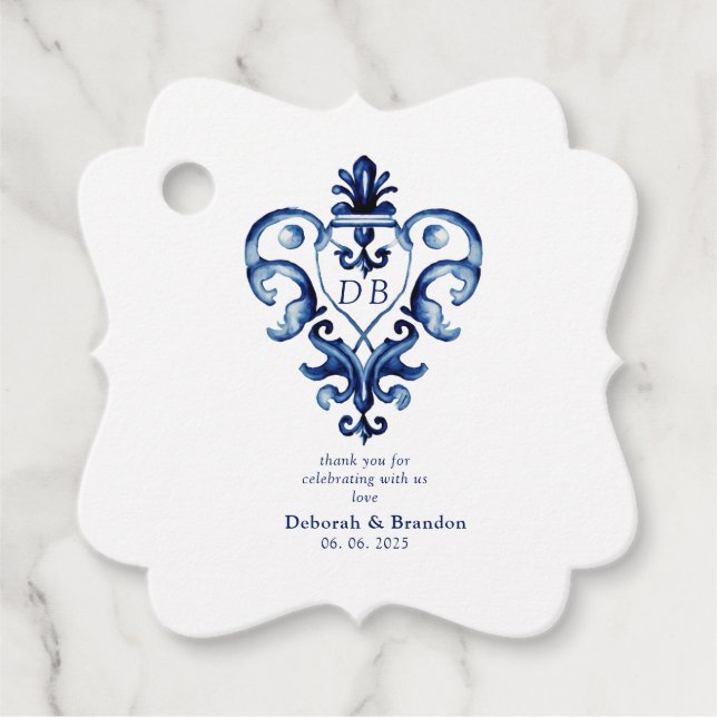 Monogram Vapensköld Blue & White Delft Bröllop Gåvor Etiketter (Framsida)