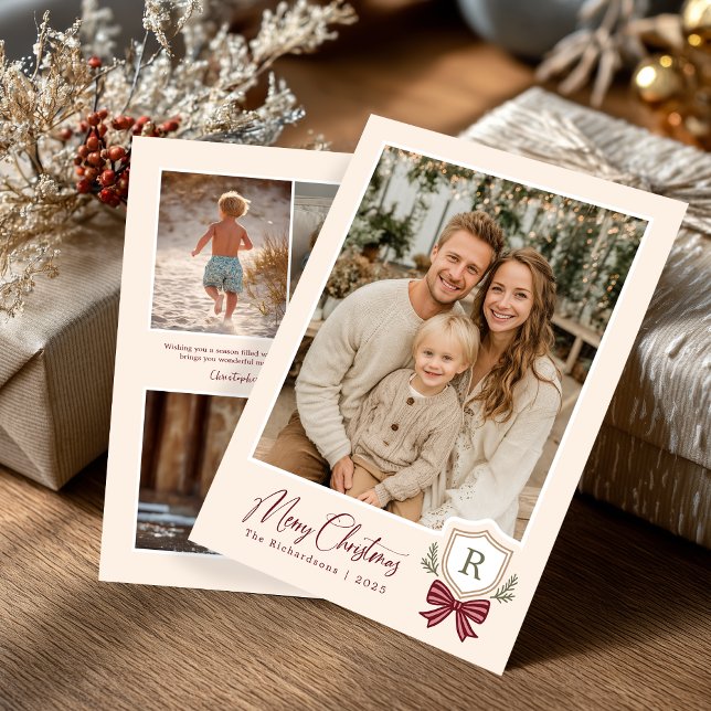 Monogram Vapensköld Bow-julkort Julkort (Front and Back)