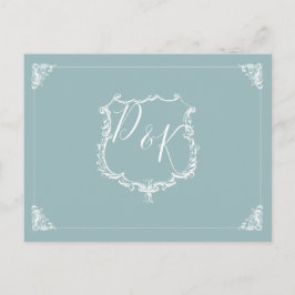 Monogram Vapensköld Dusty Blue Bröllop OSA Postcar Inbjudan Vykort