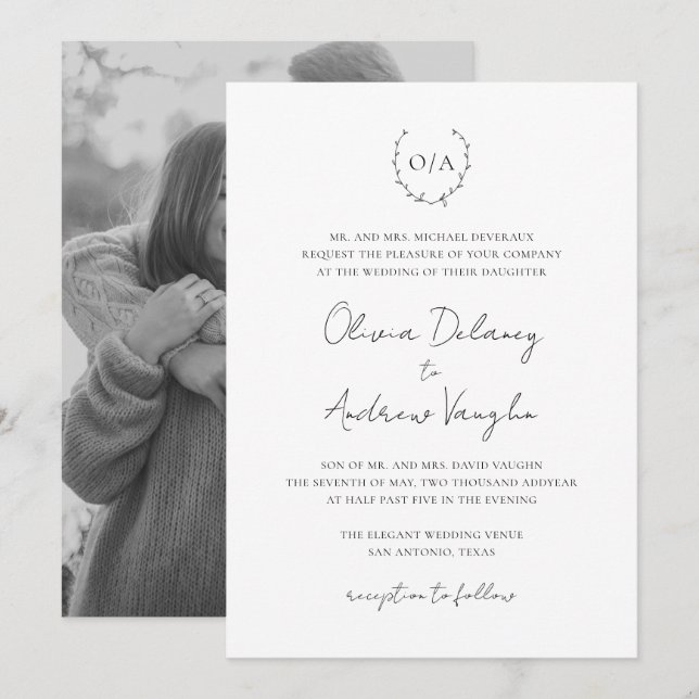 Monogram Vapensköld för andning Photo Elegant bröl Inbjudningar (Fram/baksida)