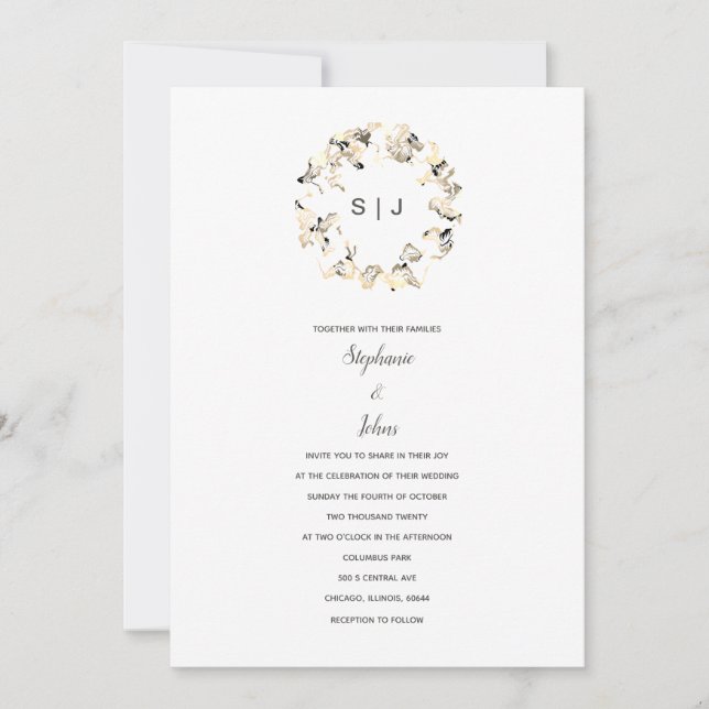 Monogram Vapensköld Grått White Boho Simple Bröllo Inbjudningar (Framsida)