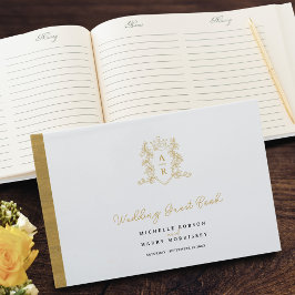 Monogram vapensköld hand plockade vit bröllop gästböcker