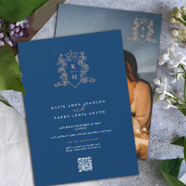Monogram vapensköld krona blå ro guld bröllop inbjudningar