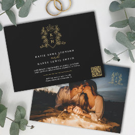 Monogram vapensköld krona svart guld bröllop inbjudningar