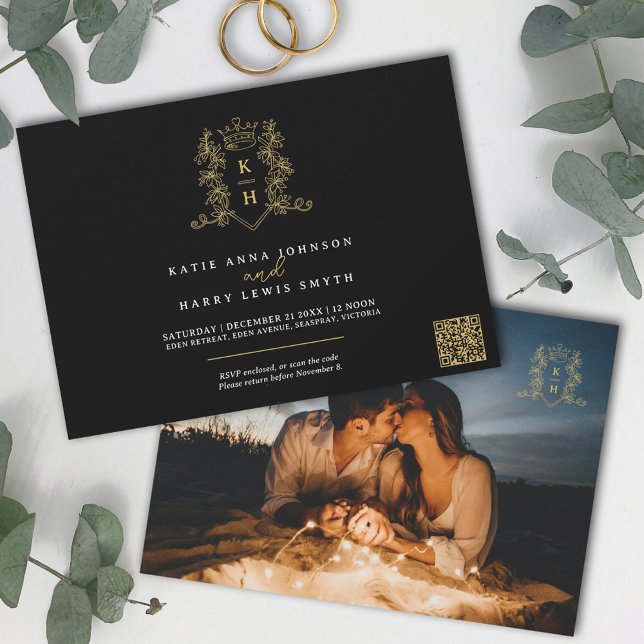 Monogram vapensköld krona svart guld bröllop inbjudningar (Skapare uppladdad)