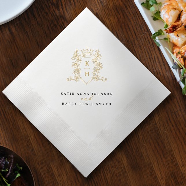Monogram vapensköld krona, vit guld svart bröllop pappersservett (Skapare uppladdad)