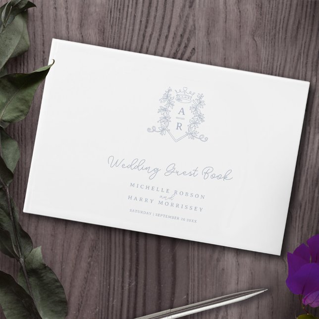 Monogram vapensköld krona, vit silver bröllop gästböcker (Skapare uppladdad)