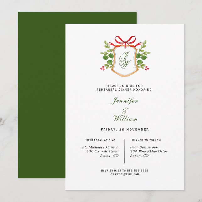 Monogram-Vapensköld med grön Rehearsal-middag Meddelande (Fram/baksida)