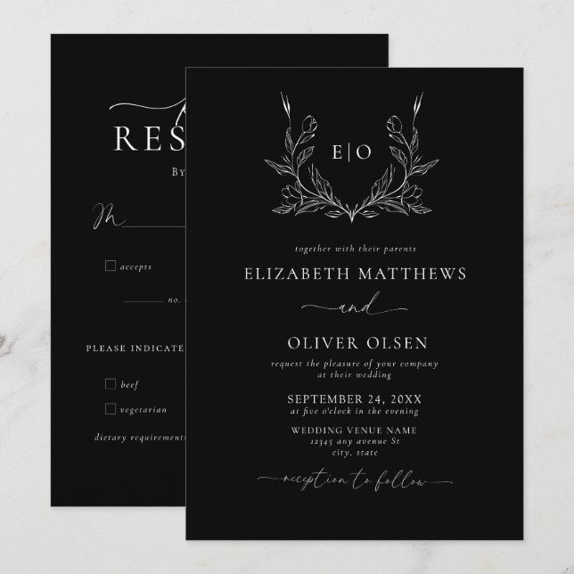 Monogram-Vapensköld | Modern minimalistisk Bröllop Inbjudningar (Fram/baksida)