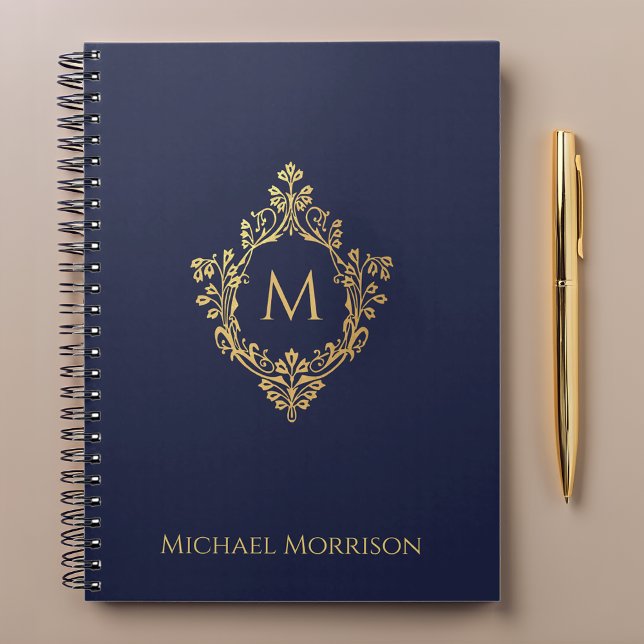 Monogram Vapensköld Navy Blue Faux Guld Elegant Na Anteckningsbok (Skapare uppladdad)