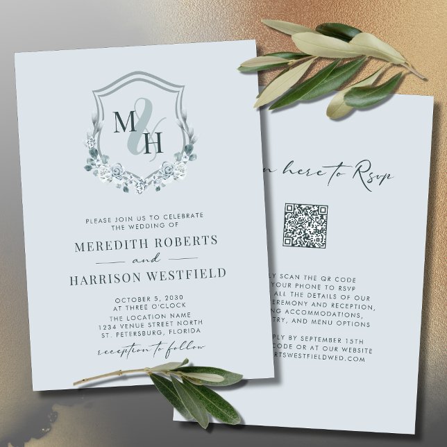 Monogram Vapensköld QR Code OSA Dusty Blue Bröllop Inbjudningar (Double Sided Wedding Invitation Elegant Monogram Crest QR Code Dusty Blue)
