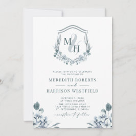Monogram Vapensköld QR Kod Dusty Blue Blommigt Brö Inbjudningar