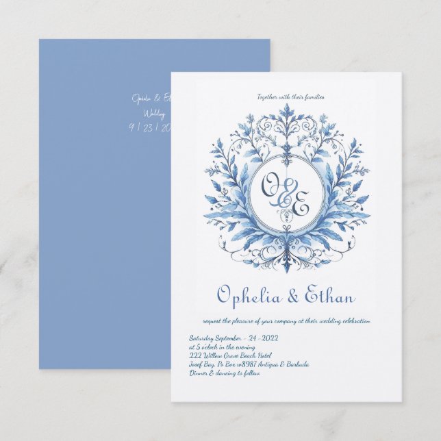 Monogram Vapensköld Rococo Blue bröllopsinbjudan Inbjudningar (Fram/baksida)