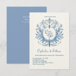 Monogram Vapensköld Rococo Blue bröllopsinbjudan Inbjudningar