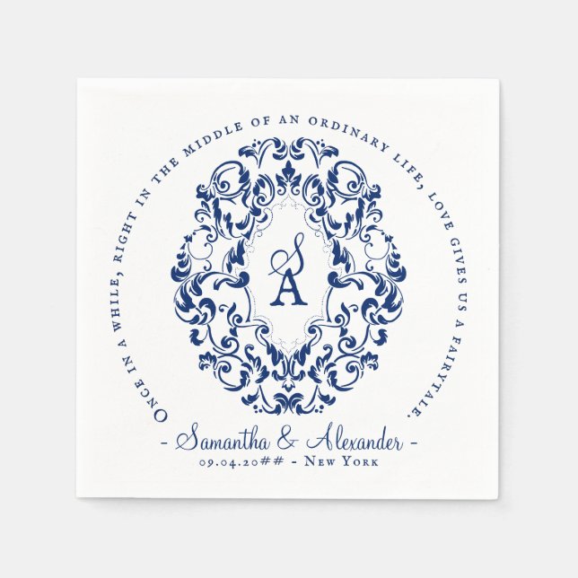 Monogram Vapensköld Royalet Gammal utskrift blått  Pappersservett (Framsidan)