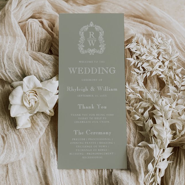 Monogram Vapensköld Sage Grönt Bröllop Program (Skapare uppladdad)