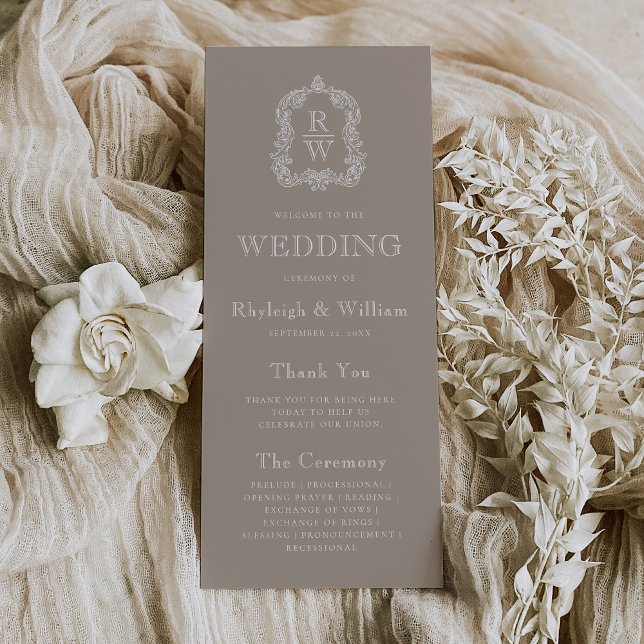 Monogram Vapensköld Taupe Bröllop Program (Skapare uppladdad)