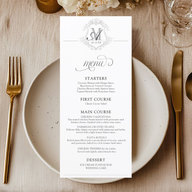 Monogram Vapensköld Vintage Bröllop Middag-meny Meny (Simple elegant modern vintage floral monogram crest 4x9" wedding reception dinner table setting menu)