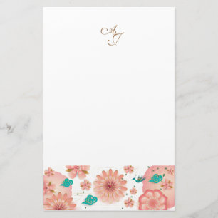 Monogram Vår Peach Flowers Garden Decor Anpassnin Brevpapper