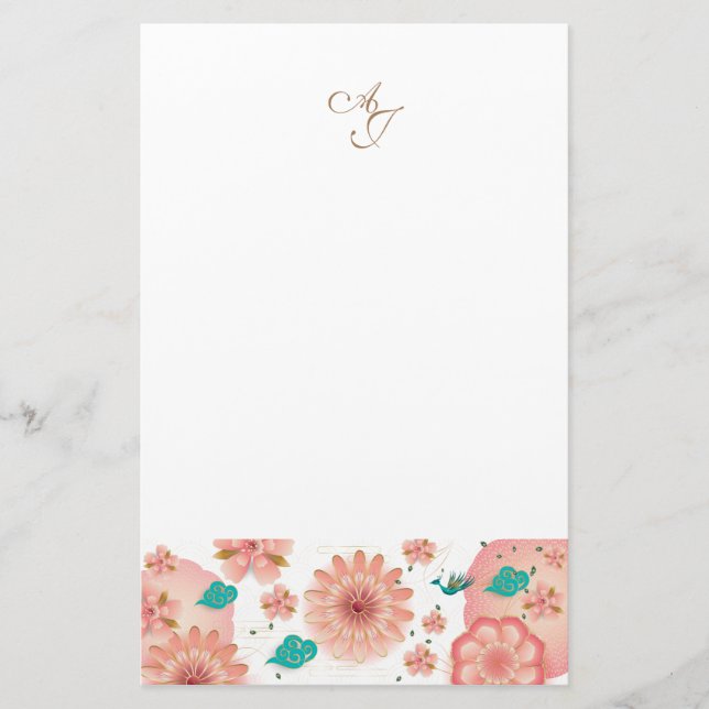 Monogram Vår Peach Flowers Garden Decor Anpassning Brevpapper (Framsida)