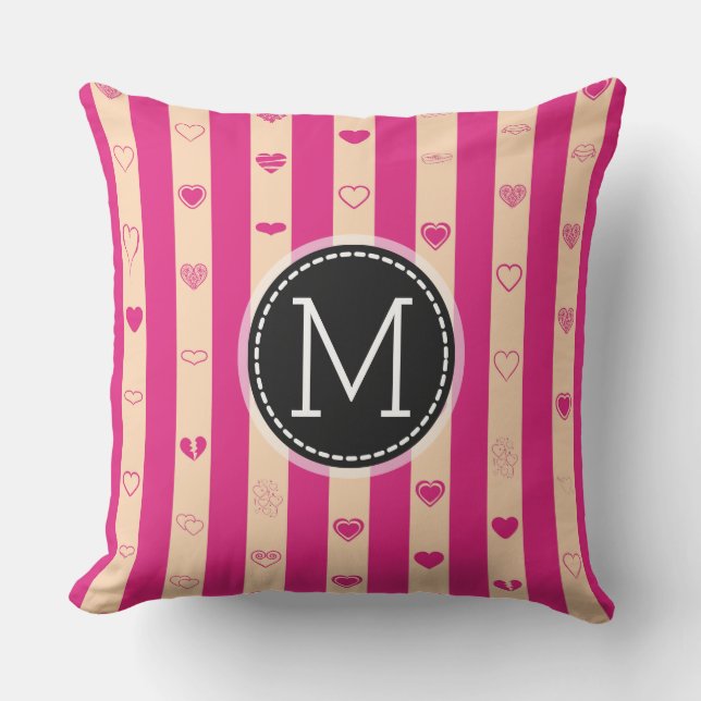 Monogram varma rosa ränder modern hjärtmönster kudde (Framsida)
