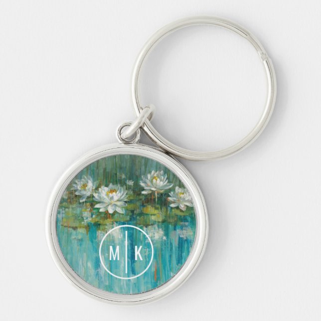 Monogram| Vatten Lily Pond Rund Silverfärgad Nyckelring (Framsidan)